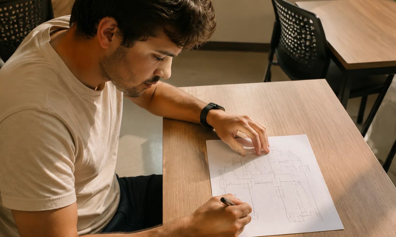 Dupla relendo anotações num tablet apoiado na mesa de madeira